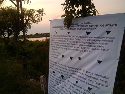 Papan Pengumuman Sosialisasi AMDAL KIG Sidayu di rencana lahan di desa Golokan Sidayu Gresik.