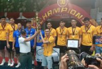 Bhayangkara Presisi Polda Jatim juara Piala Panglima TNI 2025 Putra usai kalahkan Prakasa TNI AD 3-0 di GOR Tridharma Gresik.