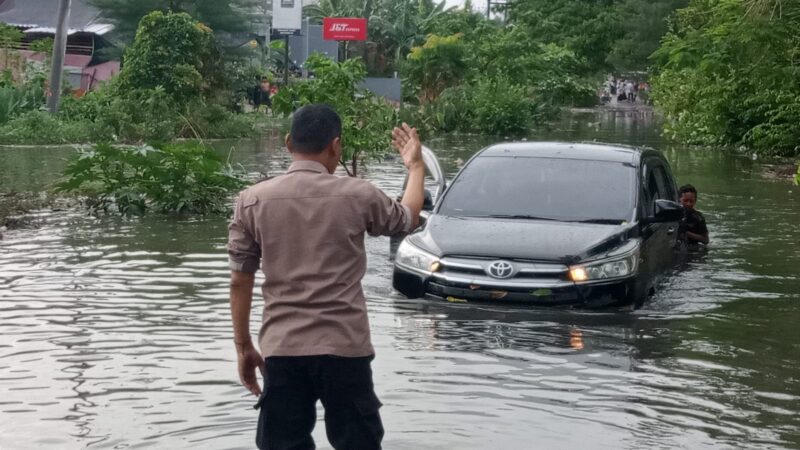 Mobil dinas Kepala Dinas Perpusip Gresik terjebak banjir setinggi 1,5 meter di Driyorejo akibat drainase tersumbat.