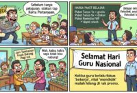 Kartun satir Hari Guru Nasional ini menyoroti fenomena bergesernya peran guru dari pendidik menjadi sekadar pekerja pendidikan. Melalui humor absurd, komik menggambarkan bagaimana tuntutan administrasi, beban jam mengajar, dan tekanan ekonomi membuat guru sibuk mengejar pendapatan hingga nilai-nilai mendidik perlahan memudar. Sebuah pengingat bahwa pendidikan butuh lebih dari sekadar profesi—ia membutuhkan jiwa pendidik.