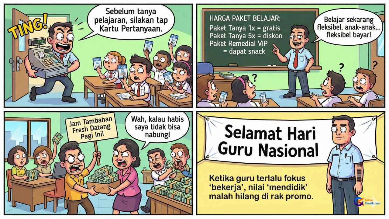 Kartun satir Hari Guru Nasional ini menyoroti fenomena bergesernya peran guru dari pendidik menjadi sekadar pekerja pendidikan. Melalui humor absurd, komik menggambarkan bagaimana tuntutan administrasi, beban jam mengajar, dan tekanan ekonomi membuat guru sibuk mengejar pendapatan hingga nilai-nilai mendidik perlahan memudar. Sebuah pengingat bahwa pendidikan butuh lebih dari sekadar profesi—ia membutuhkan jiwa pendidik.